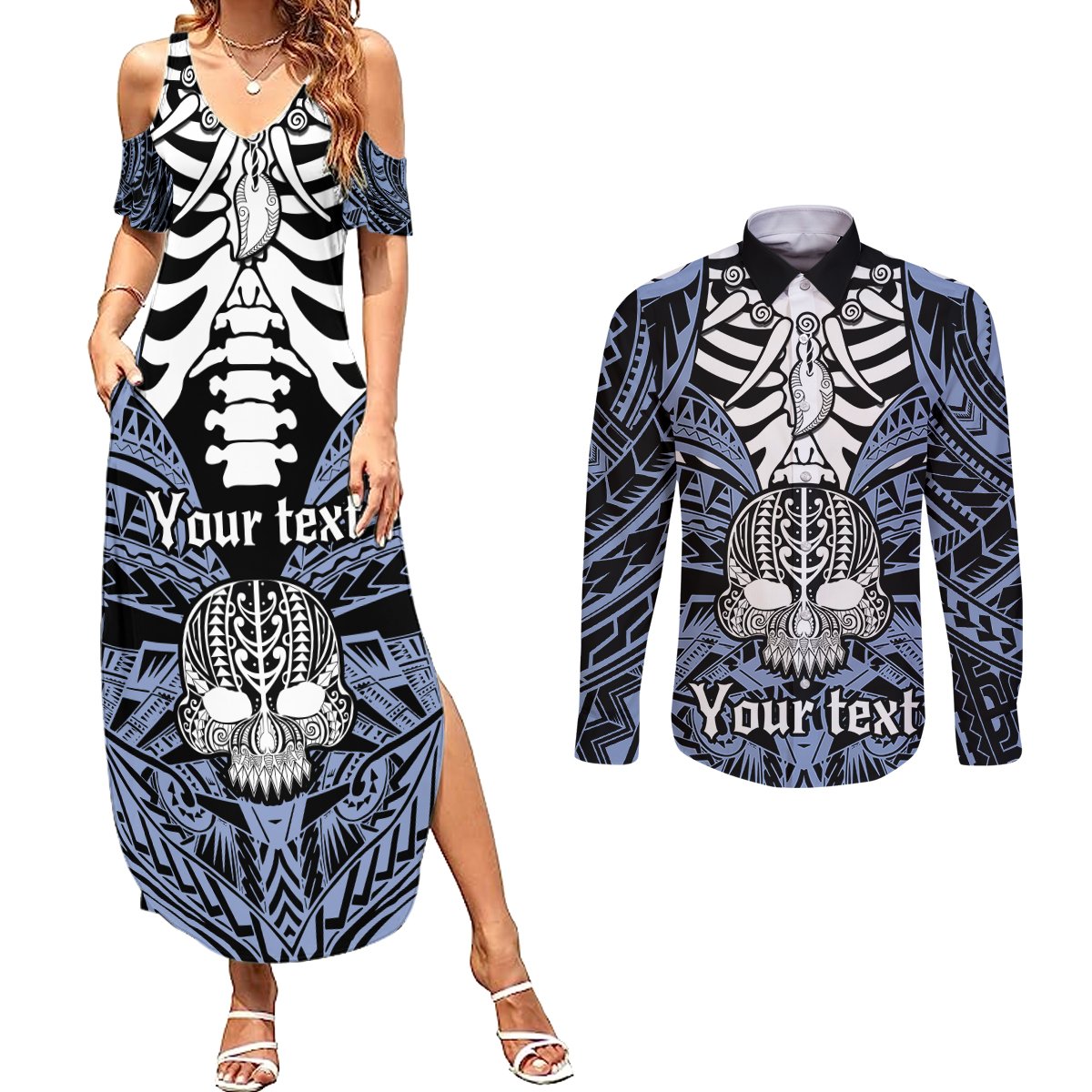 personalised-polynesia-skull-couples-matching-summer-maxi-dress-and-long-sleeve-button-shirts-with-boars-tusk-blue-arty-vibe