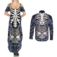 personalised-polynesia-skull-couples-matching-summer-maxi-dress-and-long-sleeve-button-shirts-with-boars-tusk-blue-arty-vibe