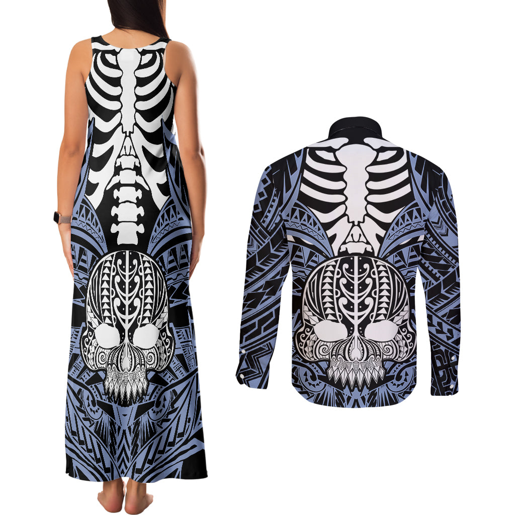 personalised-polynesia-skull-couples-matching-tank-maxi-dress-and-long-sleeve-button-shirts-with-boars-tusk-blue-arty-vibe