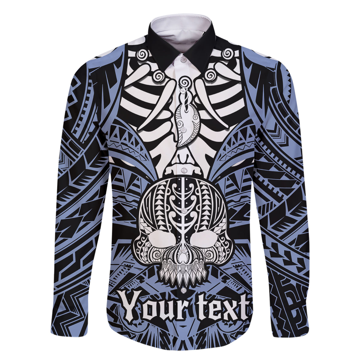 personalised-polynesia-skull-family-matching-short-sleeve-bodycon-dress-and-hawaiian-shirt-with-boars-tusk-blue-arty-vibe