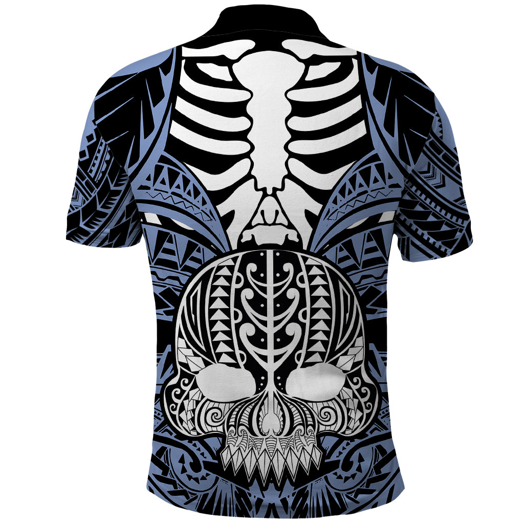Personalised Polynesia Skull Polo Shirt With Boars Tusk Blue Arty Vibe LT9 - Polynesian Pride