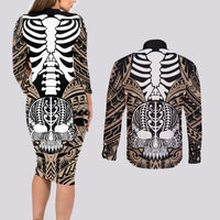 personalised-polynesia-skull-couples-matching-long-sleeve-bodycon-dress-and-long-sleeve-button-shirts-with-boars-tusk-gold-arty-vibe