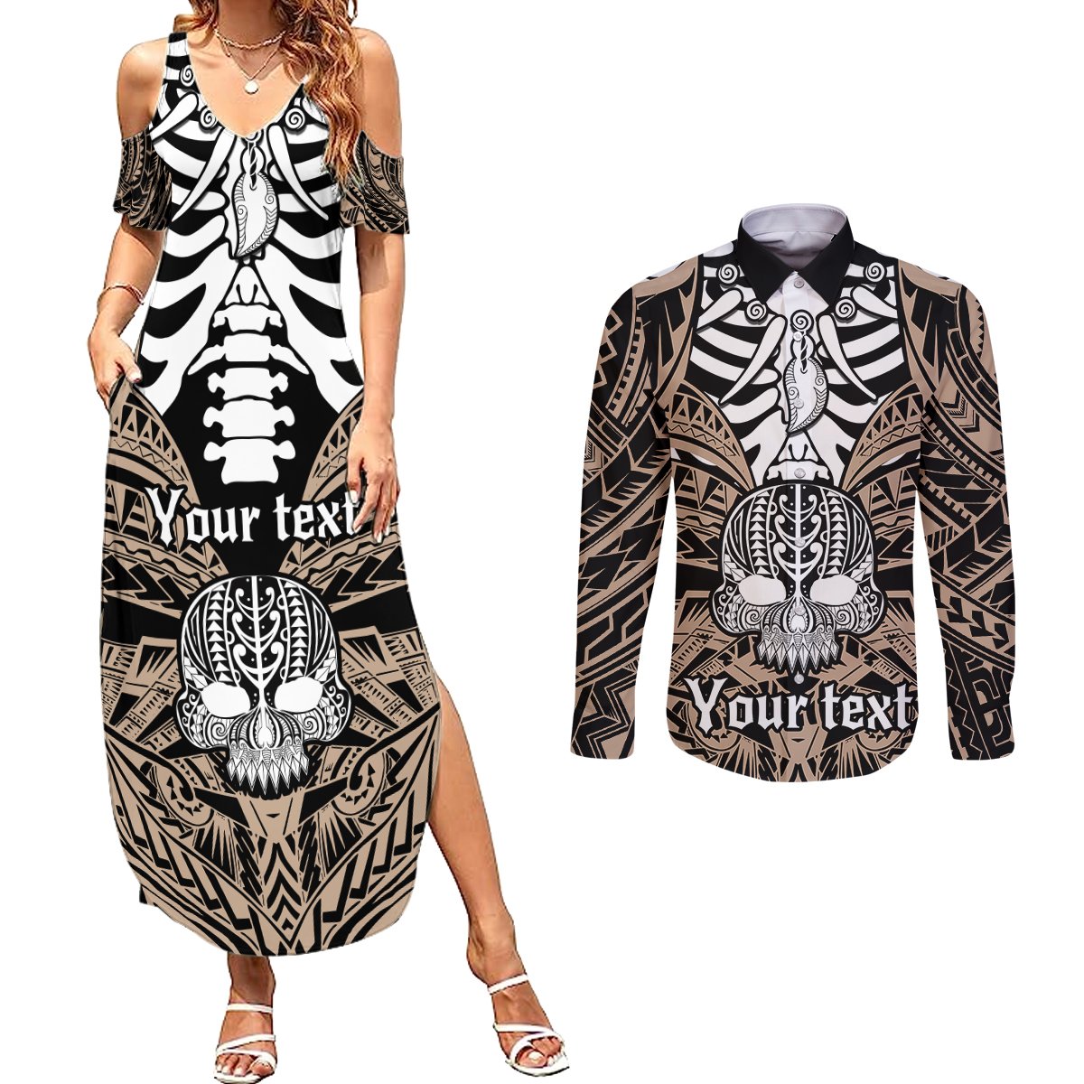 personalised-polynesia-skull-couples-matching-summer-maxi-dress-and-long-sleeve-button-shirts-with-boars-tusk-gold-arty-vibe
