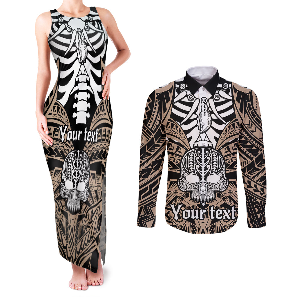 personalised-polynesia-skull-couples-matching-tank-maxi-dress-and-long-sleeve-button-shirts-with-boars-tusk-gold-arty-vibe