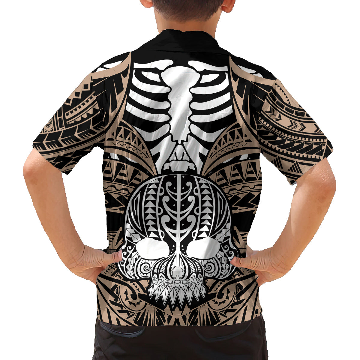 Personalised Polynesia Skull Family Matching Long Sleeve Bodycon Dress and Hawaiian Shirt With Boars Tusk Gold Arty Vibe LT9 - Polynesian Pride