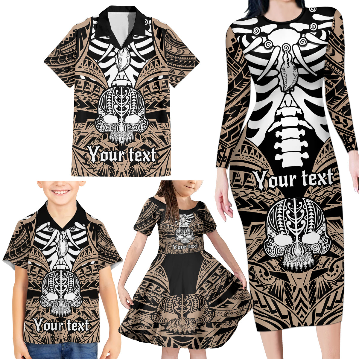 Personalised Polynesia Skull Family Matching Long Sleeve Bodycon Dress and Hawaiian Shirt With Boars Tusk Gold Arty Vibe LT9 - Polynesian Pride