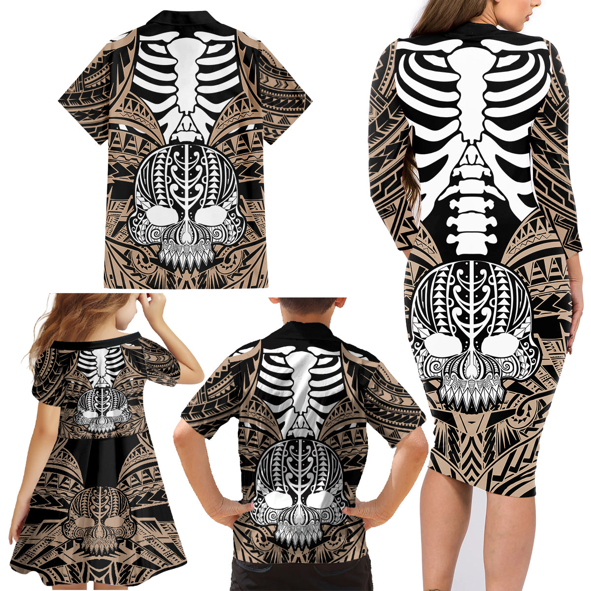 Personalised Polynesia Skull Family Matching Long Sleeve Bodycon Dress and Hawaiian Shirt With Boars Tusk Gold Arty Vibe LT9 - Polynesian Pride