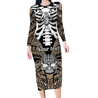 Personalised Polynesia Skull Family Matching Long Sleeve Bodycon Dress and Hawaiian Shirt With Boars Tusk Gold Arty Vibe LT9 Mom's Dress Gold - Polynesian Pride