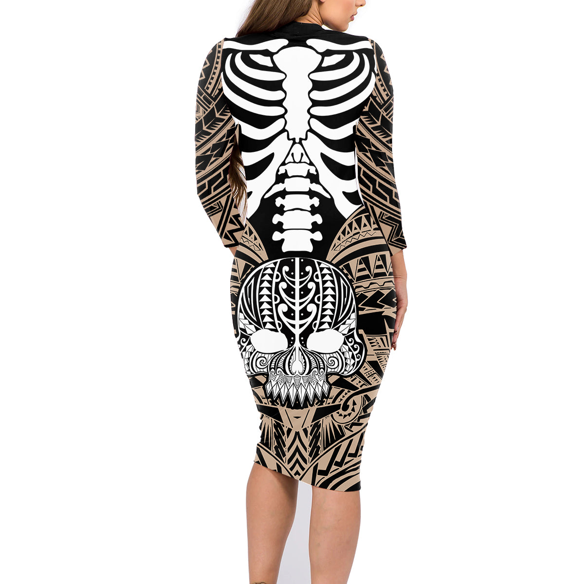 Personalised Polynesia Skull Family Matching Long Sleeve Bodycon Dress and Hawaiian Shirt With Boars Tusk Gold Arty Vibe LT9 - Polynesian Pride