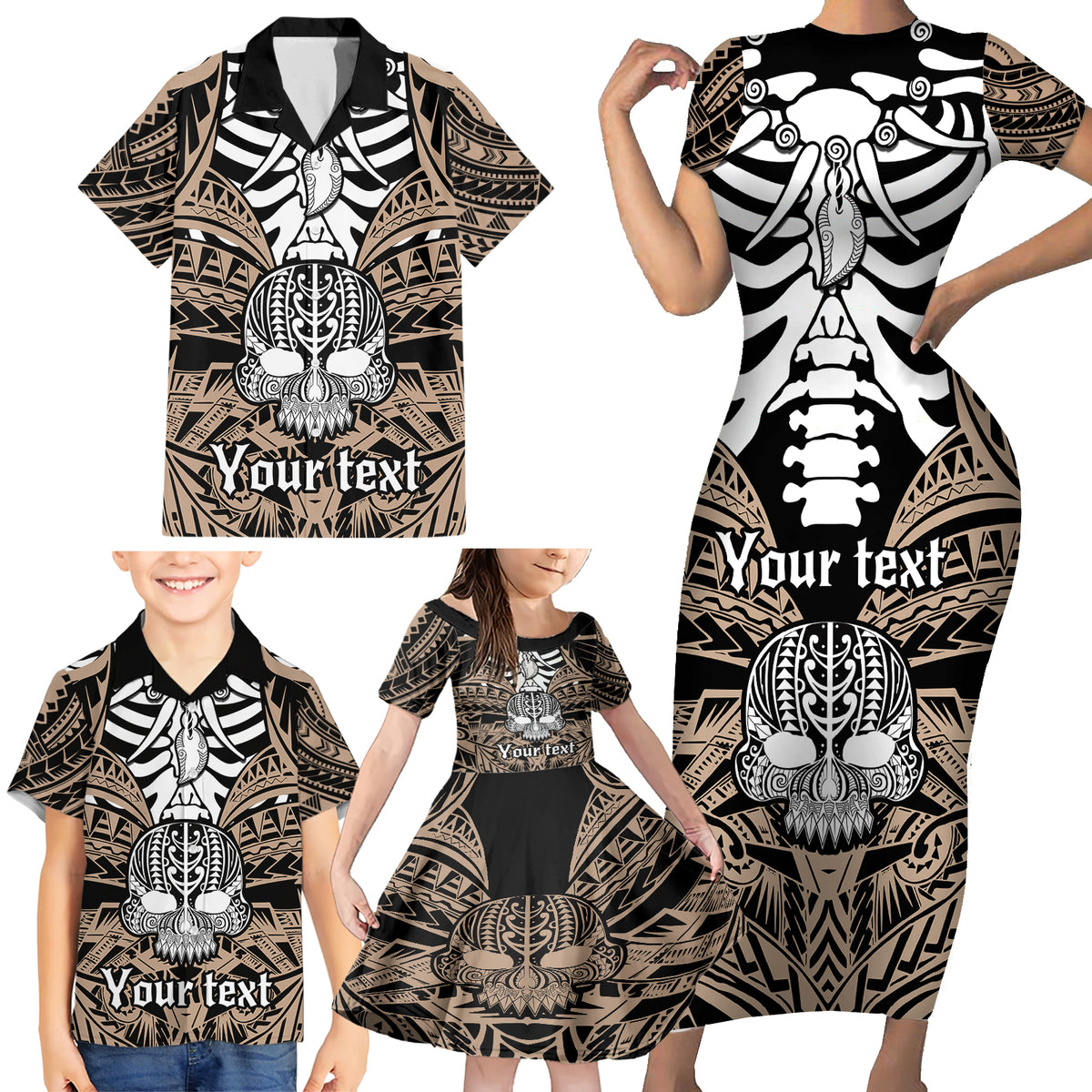 Personalised Polynesia Skull Family Matching Short Sleeve Bodycon Dress and Hawaiian Shirt With Boars Tusk Gold Arty Vibe LT9 - Polynesian Pride