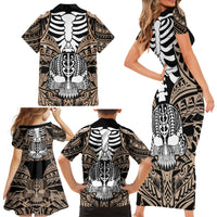 Personalised Polynesia Skull Family Matching Short Sleeve Bodycon Dress and Hawaiian Shirt With Boars Tusk Gold Arty Vibe LT9 - Polynesian Pride