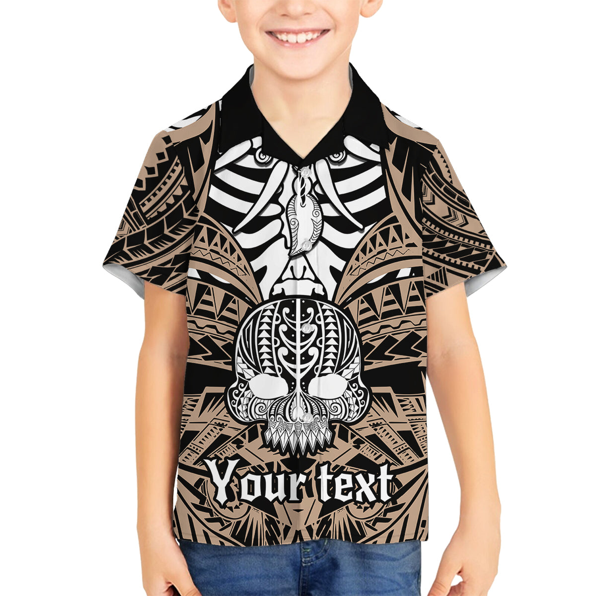 personalised-polynesia-skull-family-matching-tank-maxi-dress-and-hawaiian-shirt-with-boars-tusk-gold-arty-vibe