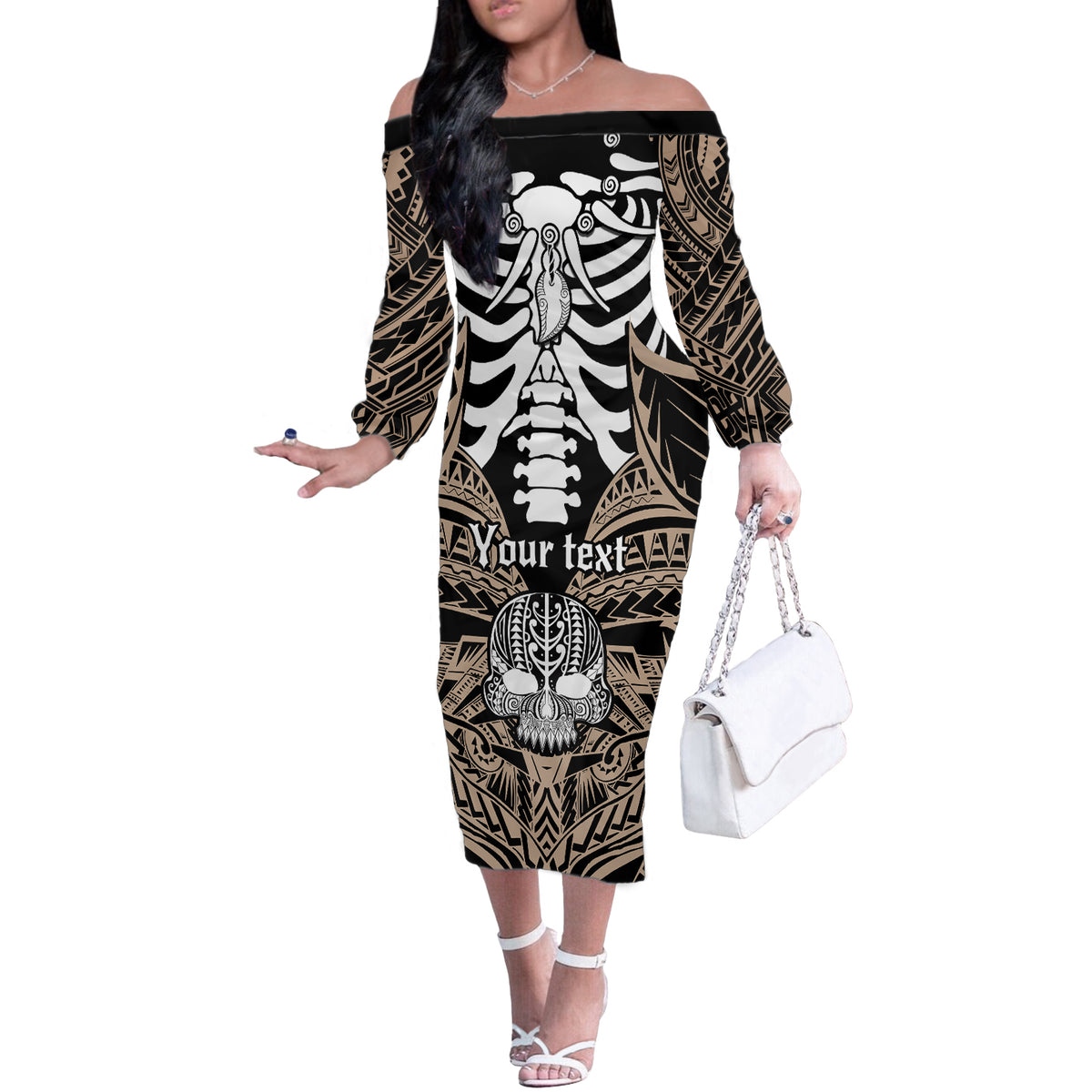 Personalised Polynesia Skull Off The Shoulder Long Sleeve Dress With Boars Tusk Gold Arty Vibe LT9 Women Gold - Polynesian Pride