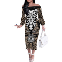 Personalised Polynesia Skull Off The Shoulder Long Sleeve Dress With Boars Tusk Gold Arty Vibe LT9 Women Gold - Polynesian Pride