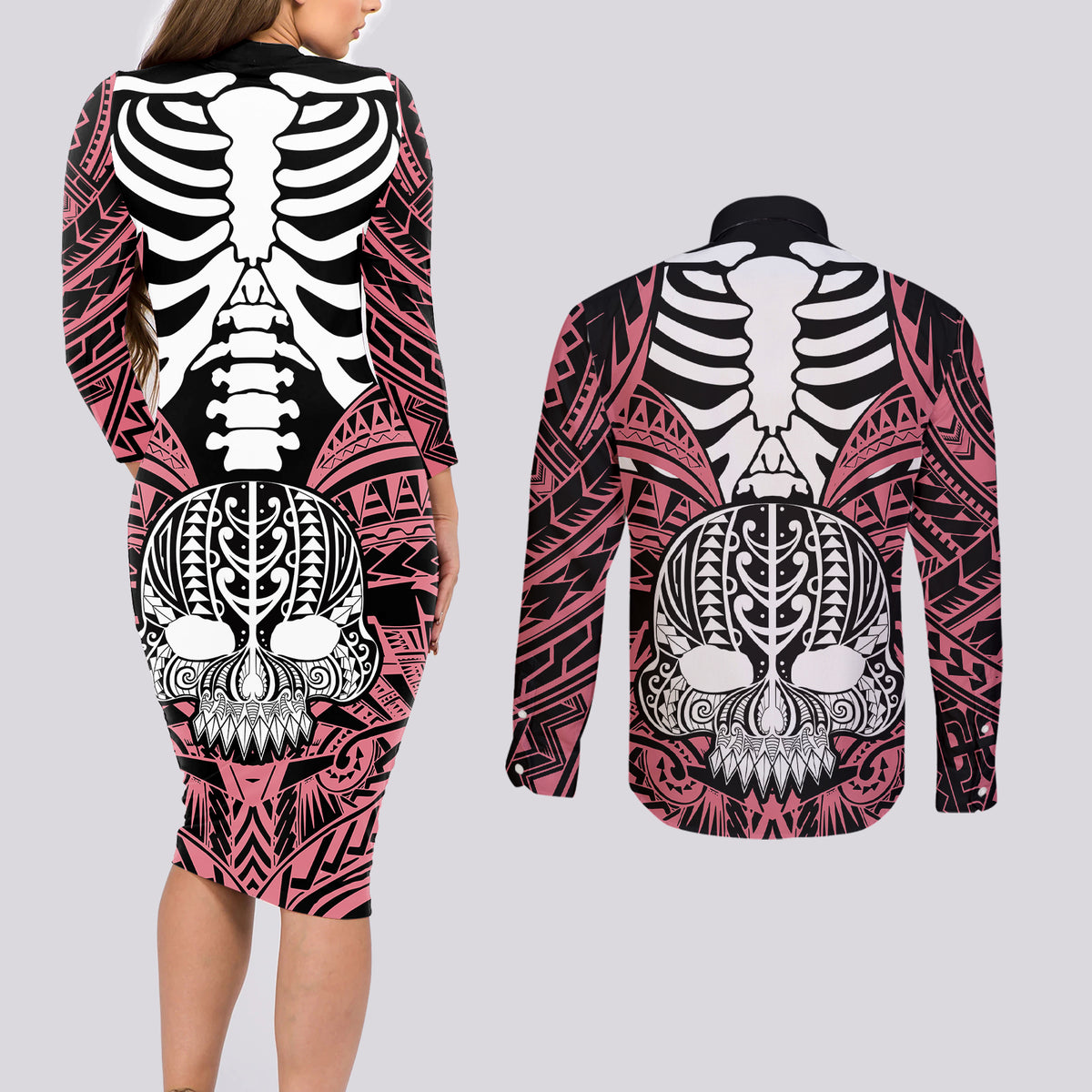 personalised-polynesia-skull-couples-matching-long-sleeve-bodycon-dress-and-long-sleeve-button-shirts-with-boars-tusk-pink-arty-vibe