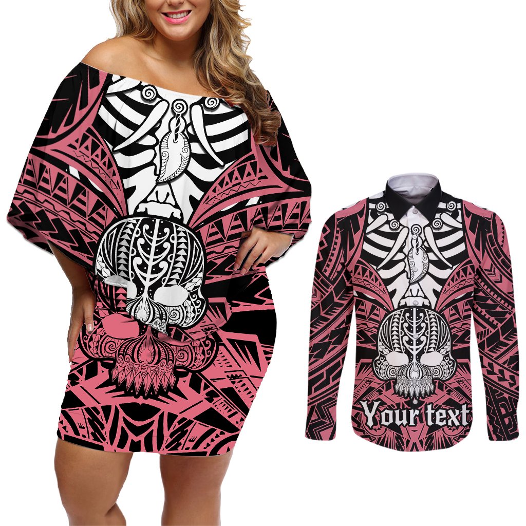personalised-polynesia-skull-couples-matching-off-shoulder-short-dress-and-long-sleeve-button-shirts-with-boars-tusk-pink-arty-vibe