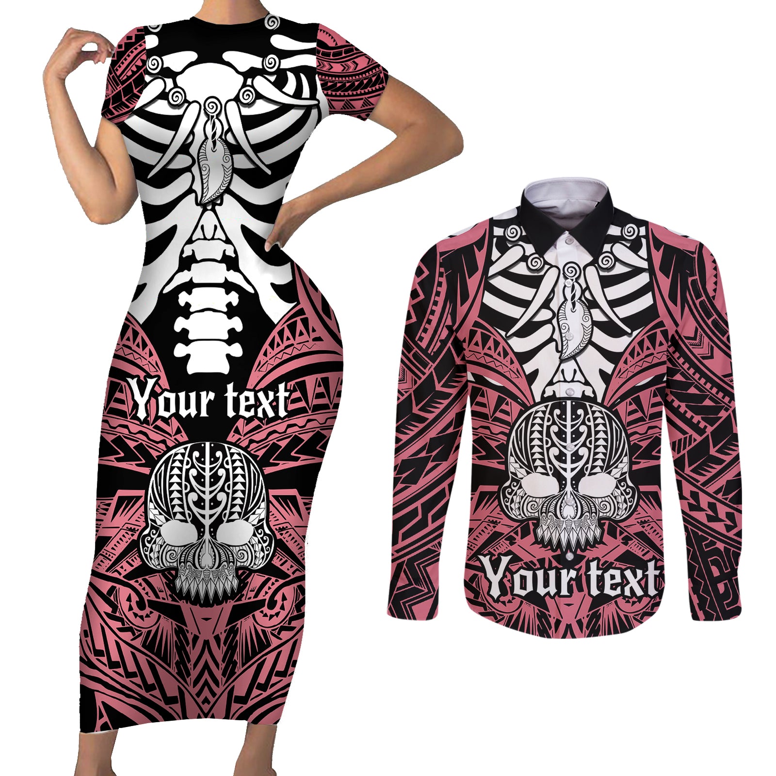 personalised-polynesia-skull-couples-matching-short-sleeve-bodycon-dress-and-long-sleeve-button-shirts-with-boars-tusk-pink-arty-vibe