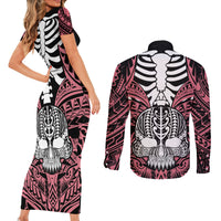 personalised-polynesia-skull-couples-matching-short-sleeve-bodycon-dress-and-long-sleeve-button-shirts-with-boars-tusk-pink-arty-vibe