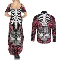 personalised-polynesia-skull-couples-matching-summer-maxi-dress-and-long-sleeve-button-shirts-with-boars-tusk-pink-arty-vibe