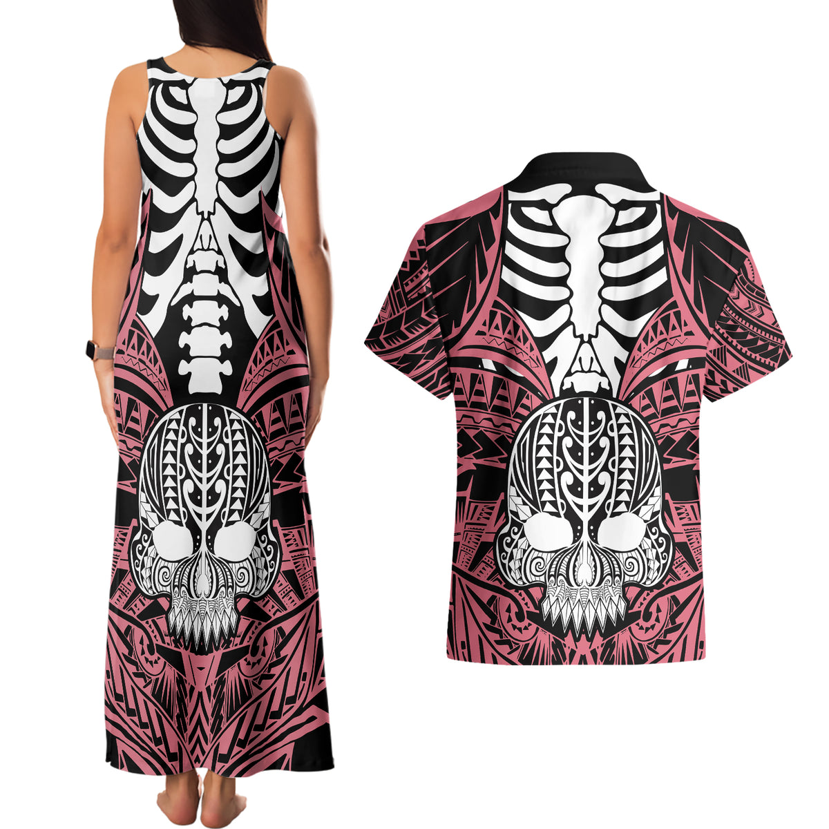 personalised-polynesia-skull-couples-matching-tank-maxi-dress-and-hawaiian-shirt-with-boars-tusk-pink-arty-vibe