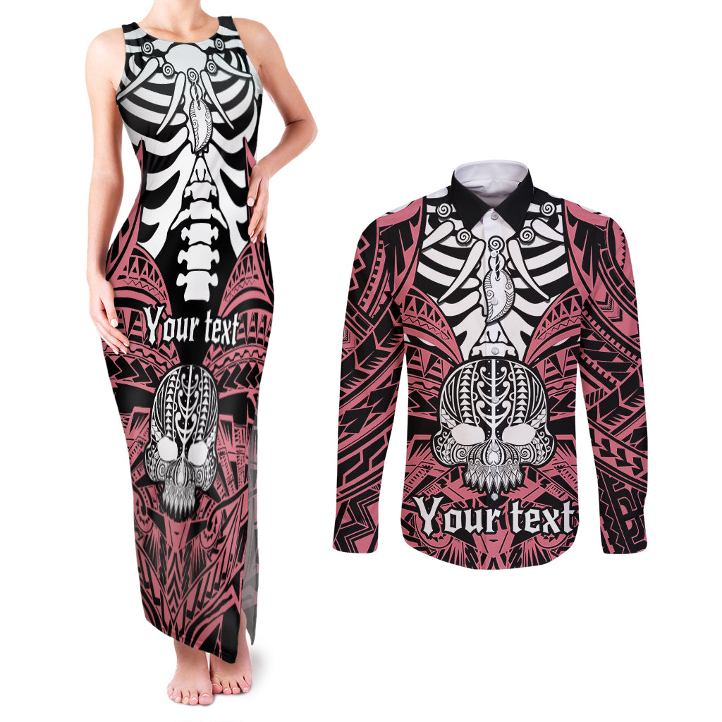 personalised-polynesia-skull-couples-matching-tank-maxi-dress-and-long-sleeve-button-shirts-with-boars-tusk-pink-arty-vibe