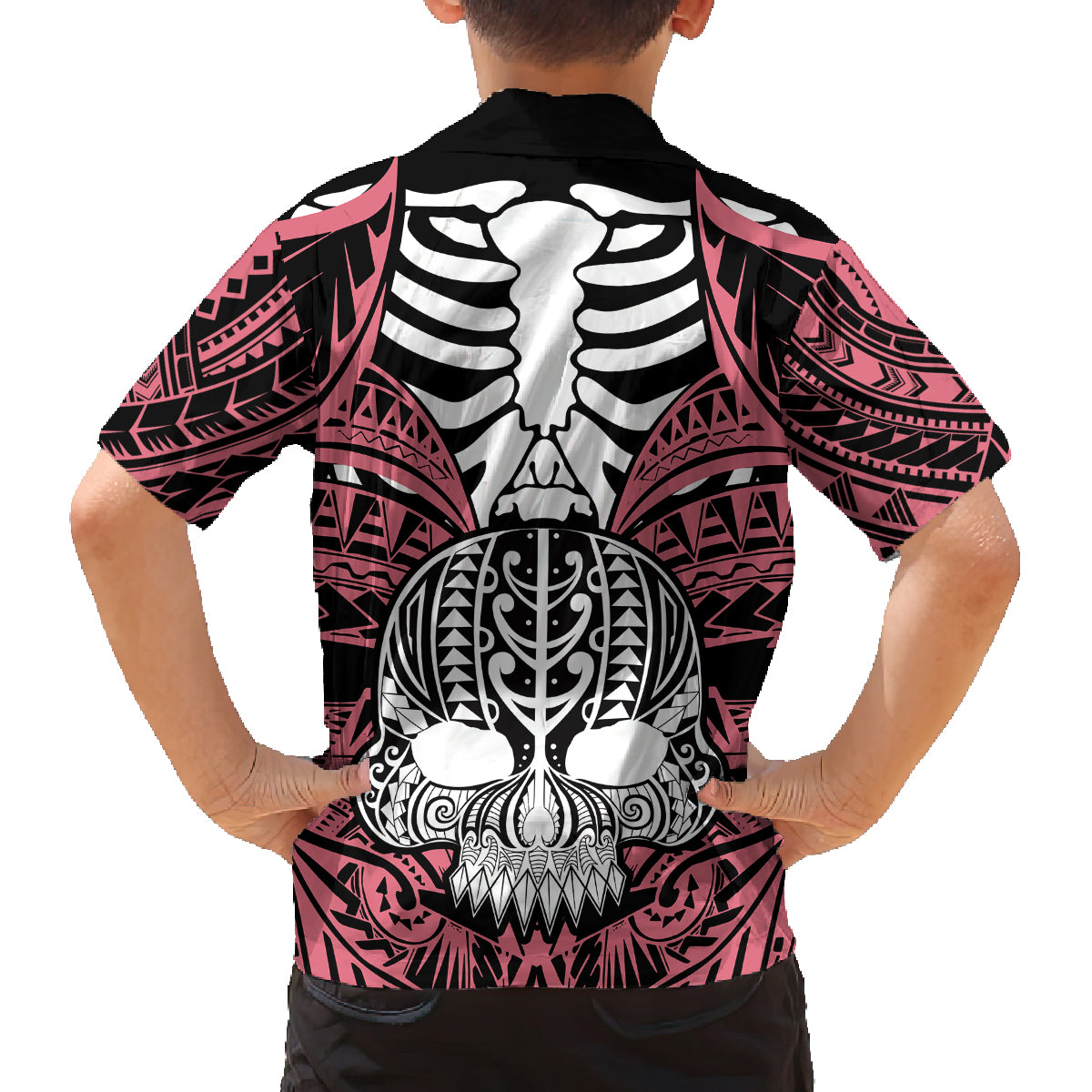 Personalised Polynesia Skull Family Matching Long Sleeve Bodycon Dress and Hawaiian Shirt With Boars Tusk Pink Arty Vibe LT9 - Polynesian Pride