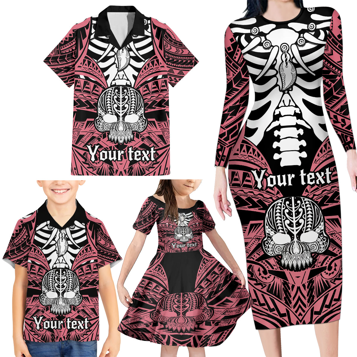 Personalised Polynesia Skull Family Matching Long Sleeve Bodycon Dress and Hawaiian Shirt With Boars Tusk Pink Arty Vibe LT9 - Polynesian Pride