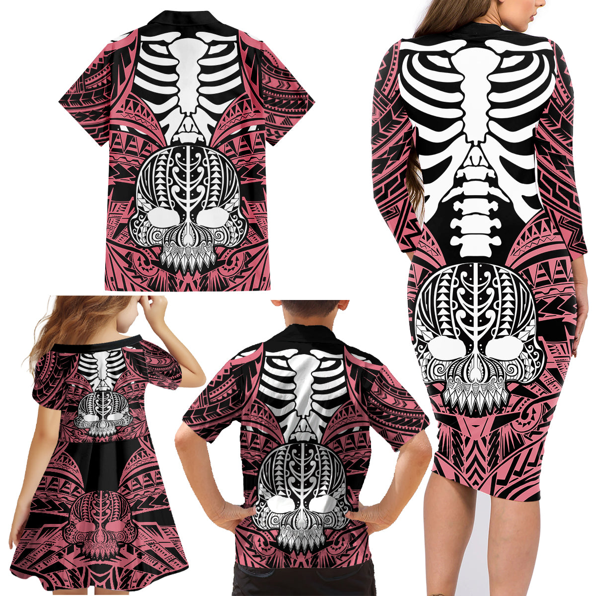 Personalised Polynesia Skull Family Matching Long Sleeve Bodycon Dress and Hawaiian Shirt With Boars Tusk Pink Arty Vibe LT9 - Polynesian Pride