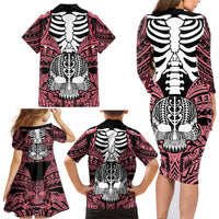 Personalised Polynesia Skull Family Matching Long Sleeve Bodycon Dress and Hawaiian Shirt With Boars Tusk Pink Arty Vibe LT9 - Polynesian Pride
