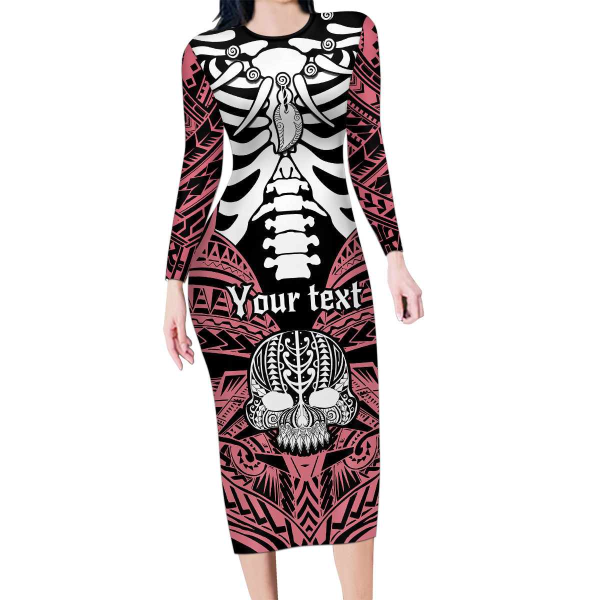 Personalised Polynesia Skull Family Matching Long Sleeve Bodycon Dress and Hawaiian Shirt With Boars Tusk Pink Arty Vibe LT9 Mom's Dress Pink - Polynesian Pride