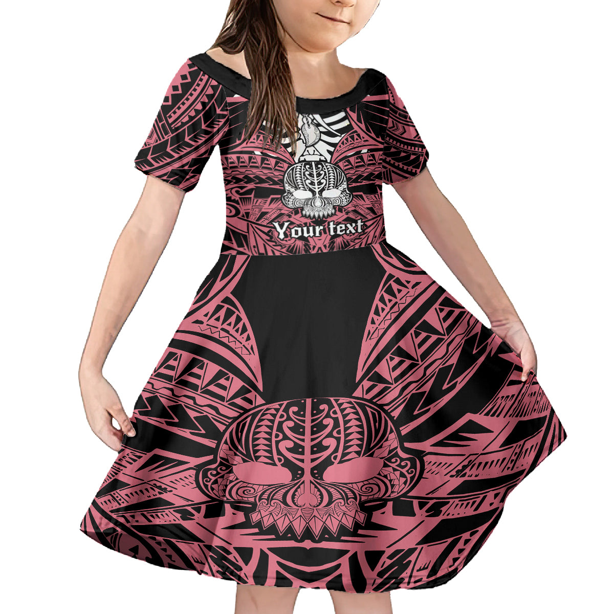 personalised-polynesia-skull-family-matching-off-shoulder-maxi-dress-and-hawaiian-shirt-with-boars-tusk-pink-arty-vibe