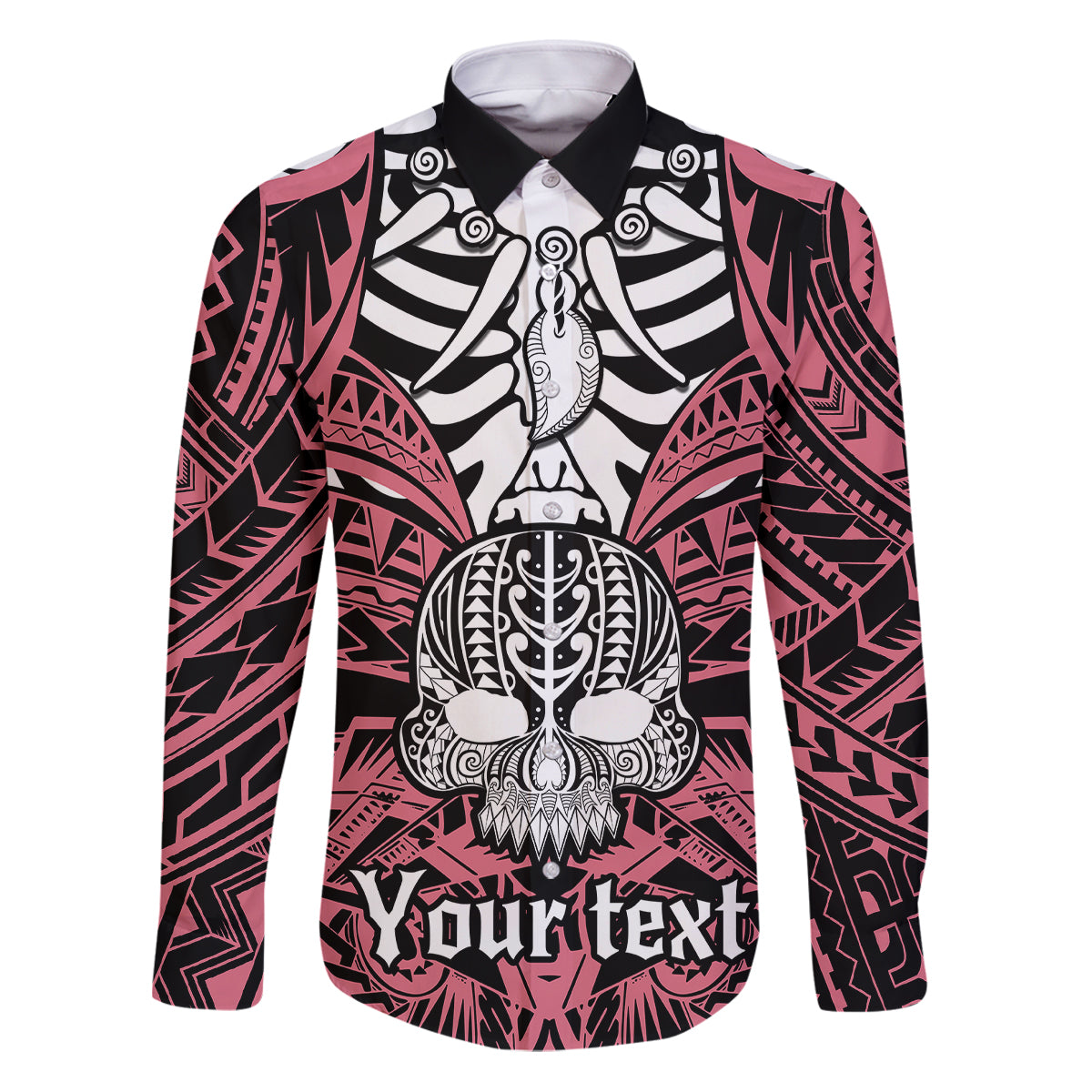 Personalised Polynesia Skull Family Matching Puletasi Dress and Hawaiian Shirt With Boars Tusk Pink Arty Vibe LT9 Dad's Shirt - Long Sleeve Pink - Polynesian Pride