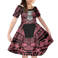 Personalised Polynesia Skull Family Matching Short Sleeve Bodycon Dress and Hawaiian Shirt With Boars Tusk Pink Arty Vibe LT9 Daughter's Dress Pink - Polynesian Pride