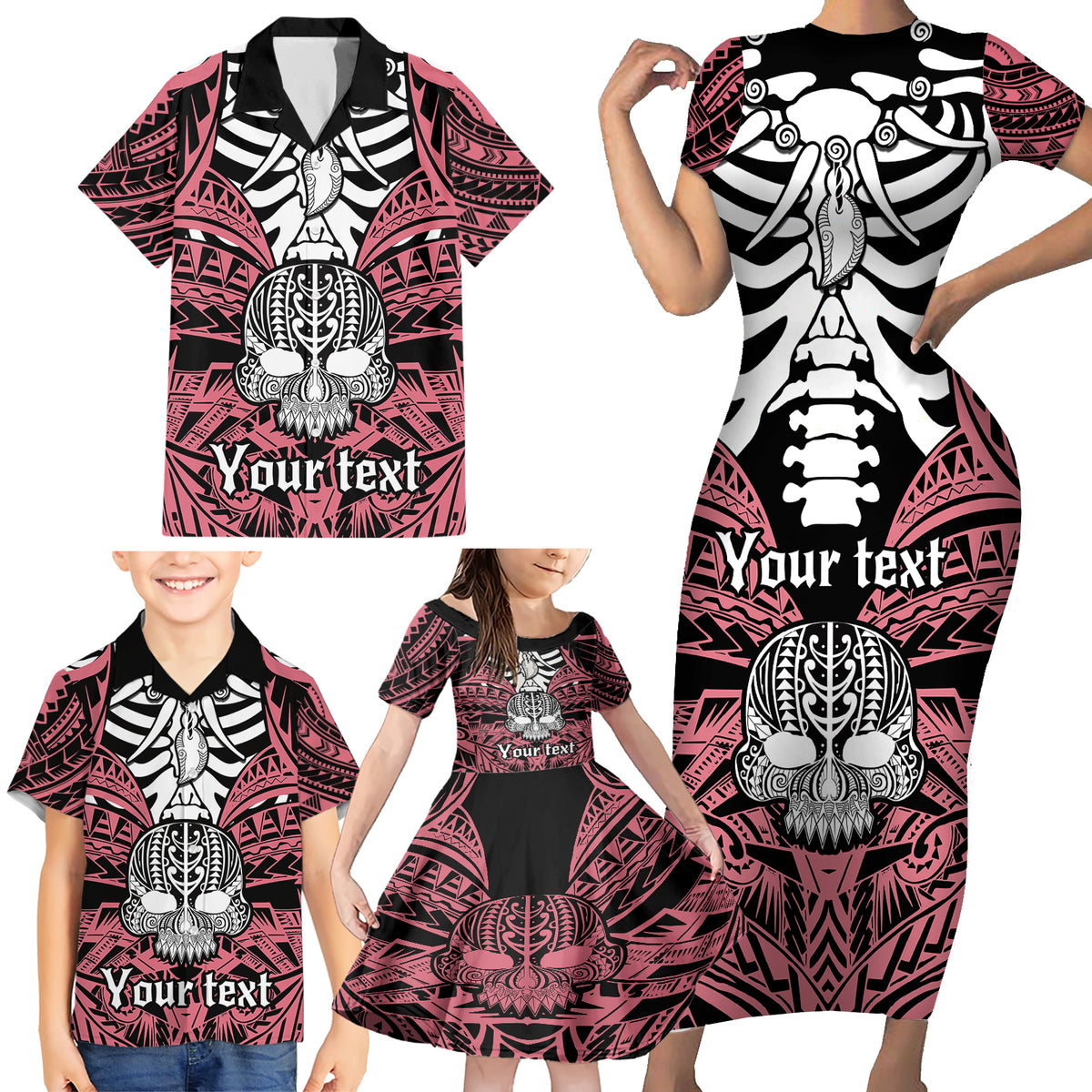 Personalised Polynesia Skull Family Matching Short Sleeve Bodycon Dress and Hawaiian Shirt With Boars Tusk Pink Arty Vibe LT9 - Polynesian Pride