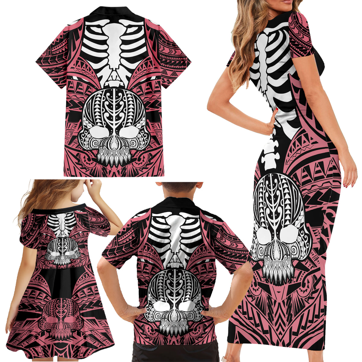 Personalised Polynesia Skull Family Matching Short Sleeve Bodycon Dress and Hawaiian Shirt With Boars Tusk Pink Arty Vibe LT9 - Polynesian Pride