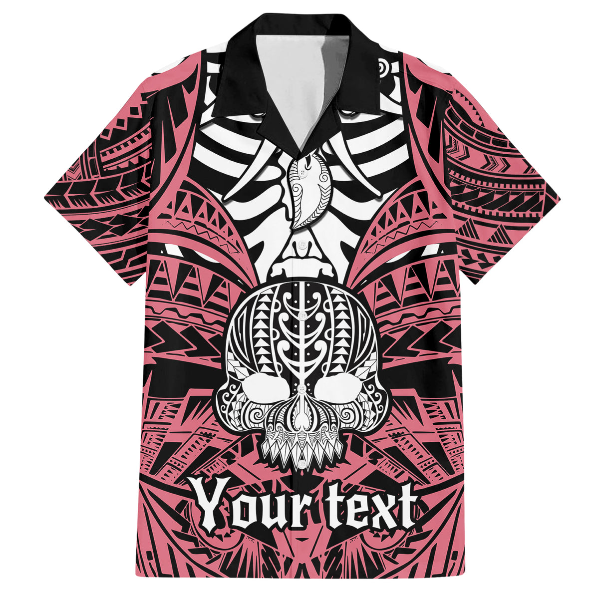 Personalised Polynesia Skull Family Matching Short Sleeve Bodycon Dress and Hawaiian Shirt With Boars Tusk Pink Arty Vibe LT9 Dad's Shirt - Short Sleeve Pink - Polynesian Pride