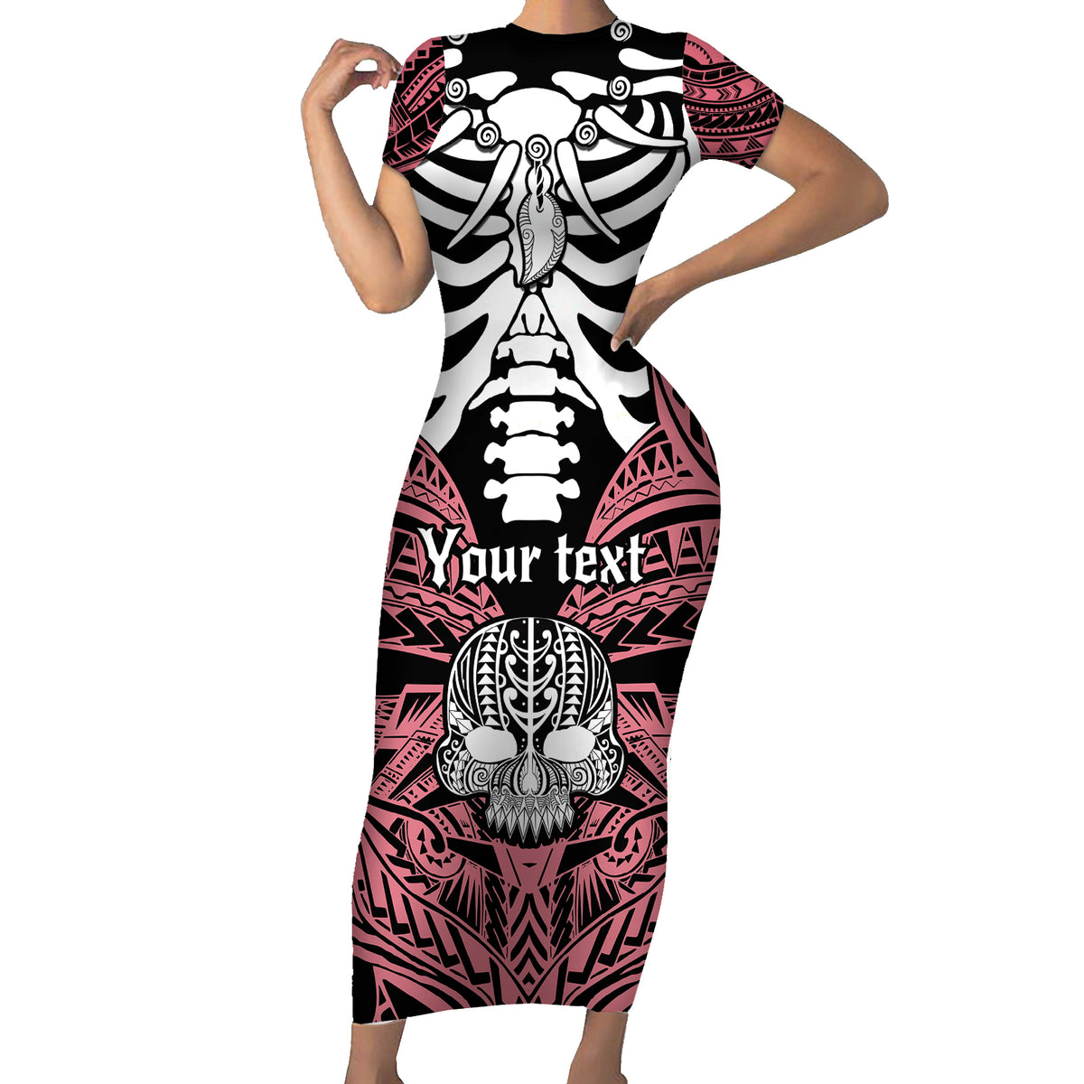 Personalised Polynesia Skull Family Matching Short Sleeve Bodycon Dress and Hawaiian Shirt With Boars Tusk Pink Arty Vibe LT9 Mom's Dress Pink - Polynesian Pride