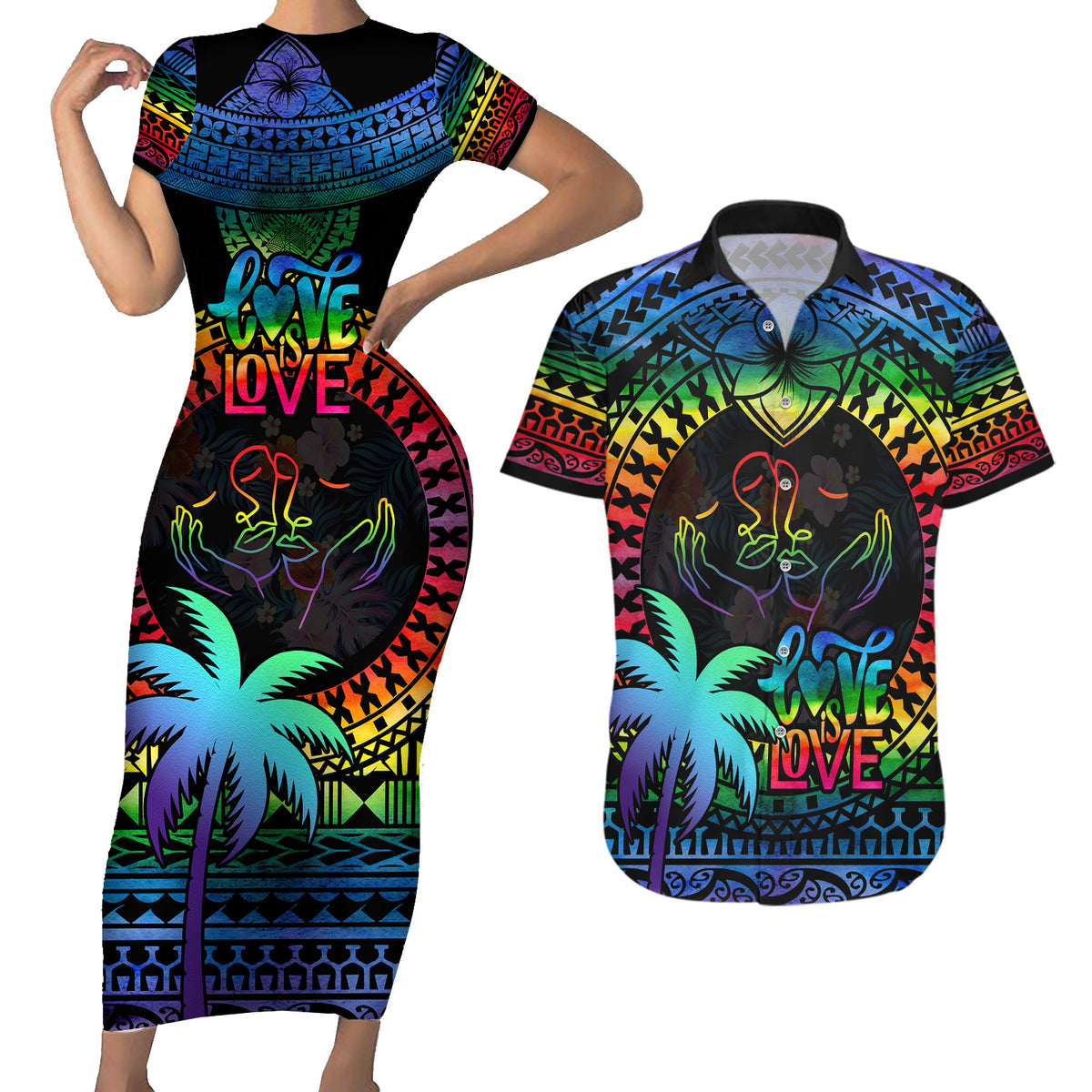 Fiji LGBT Couples Matching Short Sleeve Bodycon Dress and Hawaiian Shirt Love Is Love Tapa Pattern Rainbow Water Color LT9 Black - Polynesian Pride