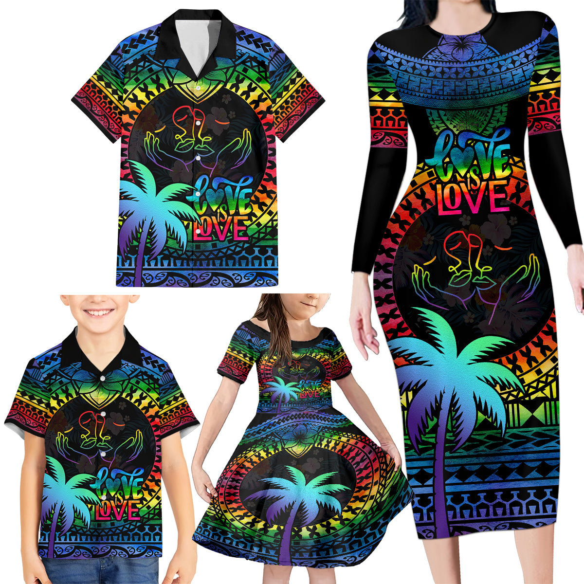 Fiji LGBT Family Matching Long Sleeve Bodycon Dress and Hawaiian Shirt Love Is Love Tapa Pattern Rainbow Water Color LT9 - Polynesian Pride