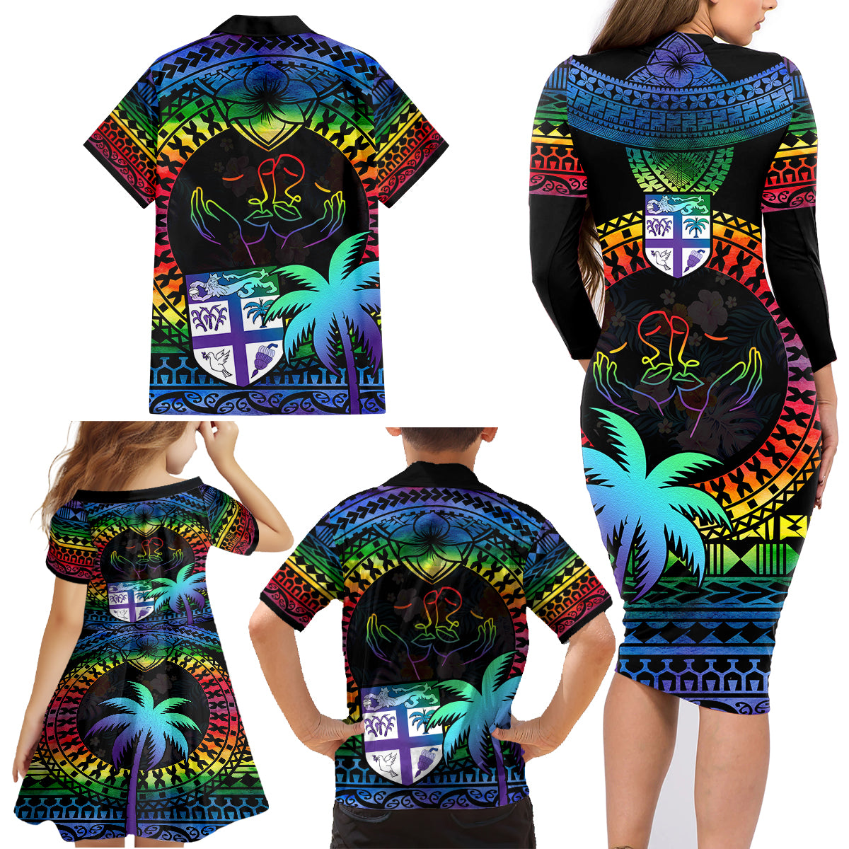 Fiji LGBT Family Matching Long Sleeve Bodycon Dress and Hawaiian Shirt Love Is Love Tapa Pattern Rainbow Water Color LT9 - Polynesian Pride