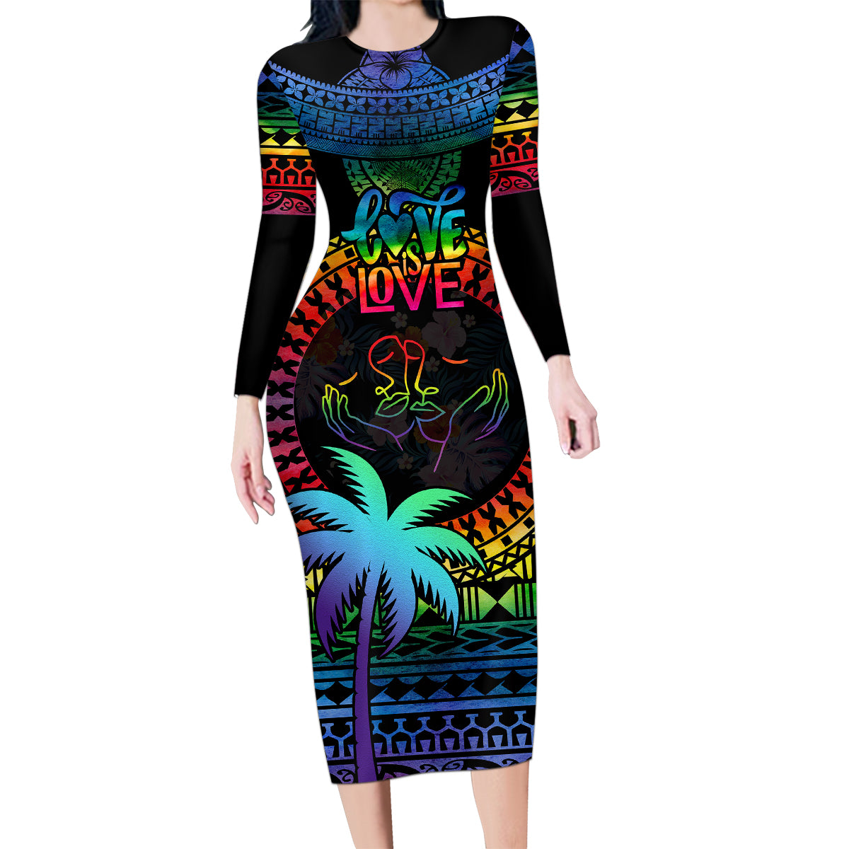 Fiji LGBT Family Matching Long Sleeve Bodycon Dress and Hawaiian Shirt Love Is Love Tapa Pattern Rainbow Water Color LT9 Mom's Dress Black - Polynesian Pride