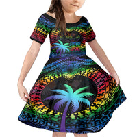 Fiji LGBT Family Matching Mermaid Dress and Hawaiian Shirt Love Is Love Tapa Pattern Rainbow Water Color LT9 Daughter's Dress Black - Polynesian Pride
