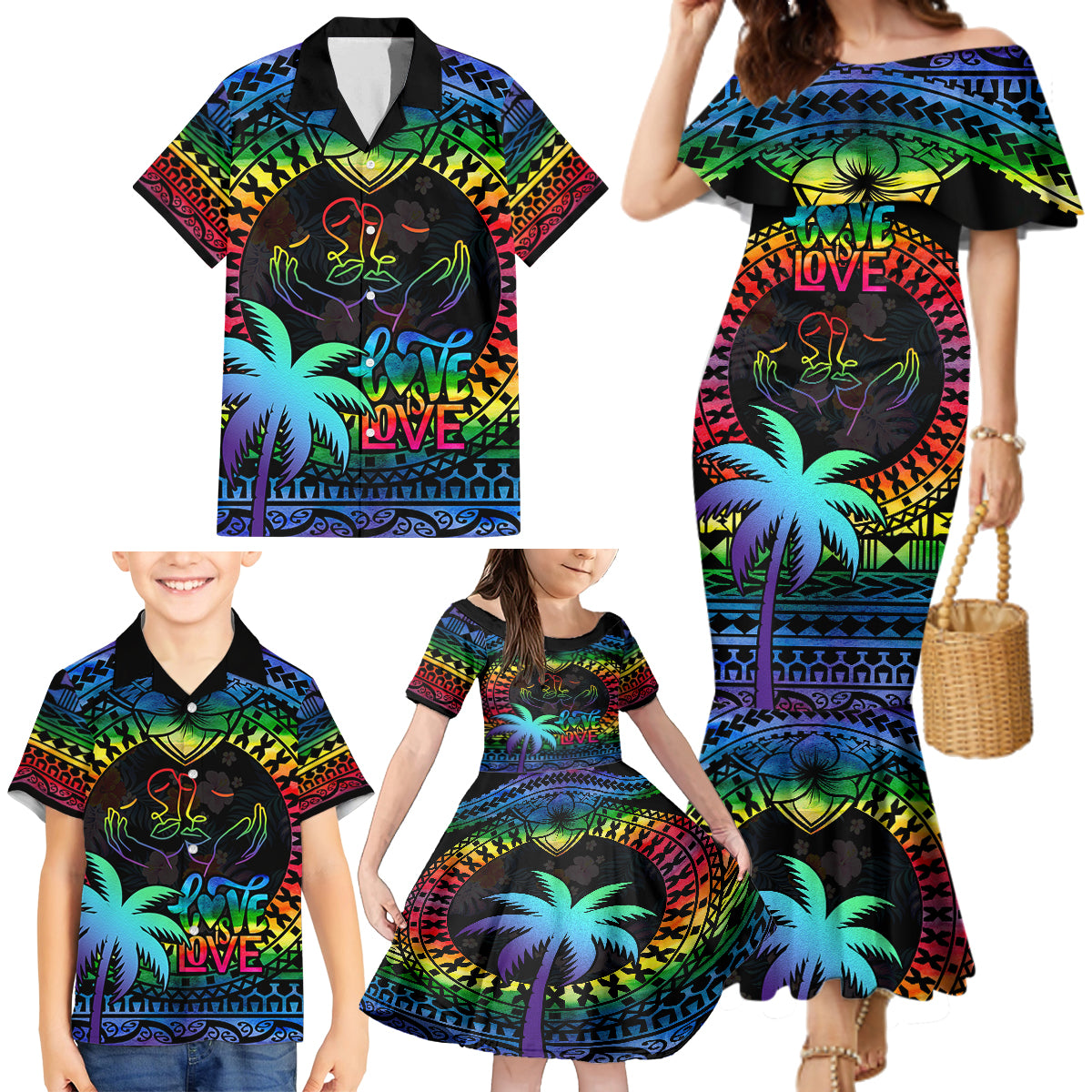 Fiji LGBT Family Matching Mermaid Dress and Hawaiian Shirt Love Is Love Tapa Pattern Rainbow Water Color LT9 - Polynesian Pride