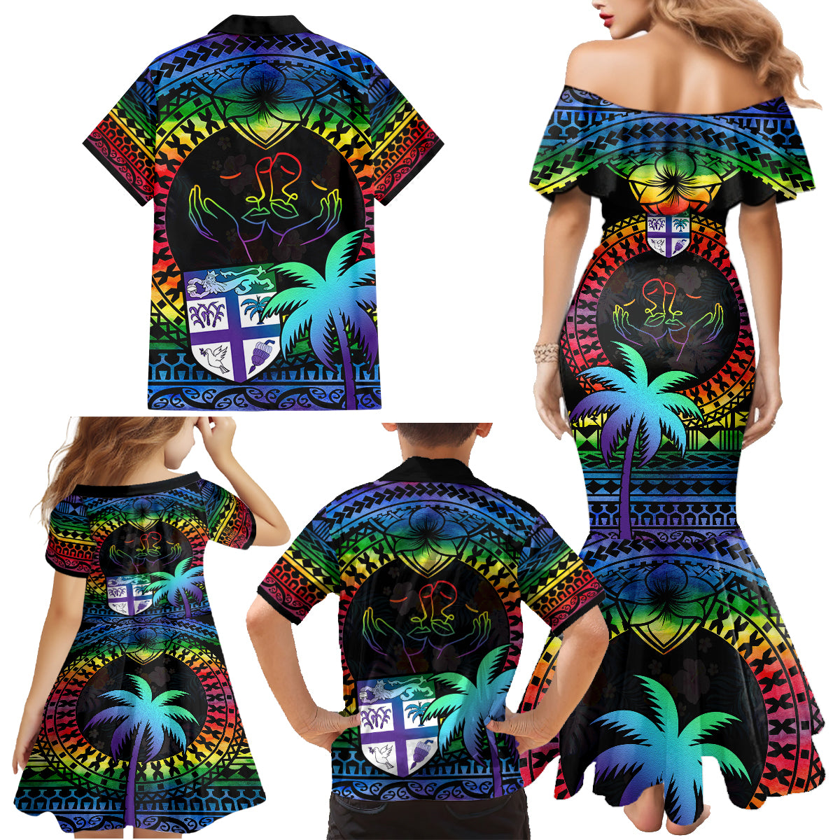 Fiji LGBT Family Matching Mermaid Dress and Hawaiian Shirt Love Is Love Tapa Pattern Rainbow Water Color LT9 - Polynesian Pride
