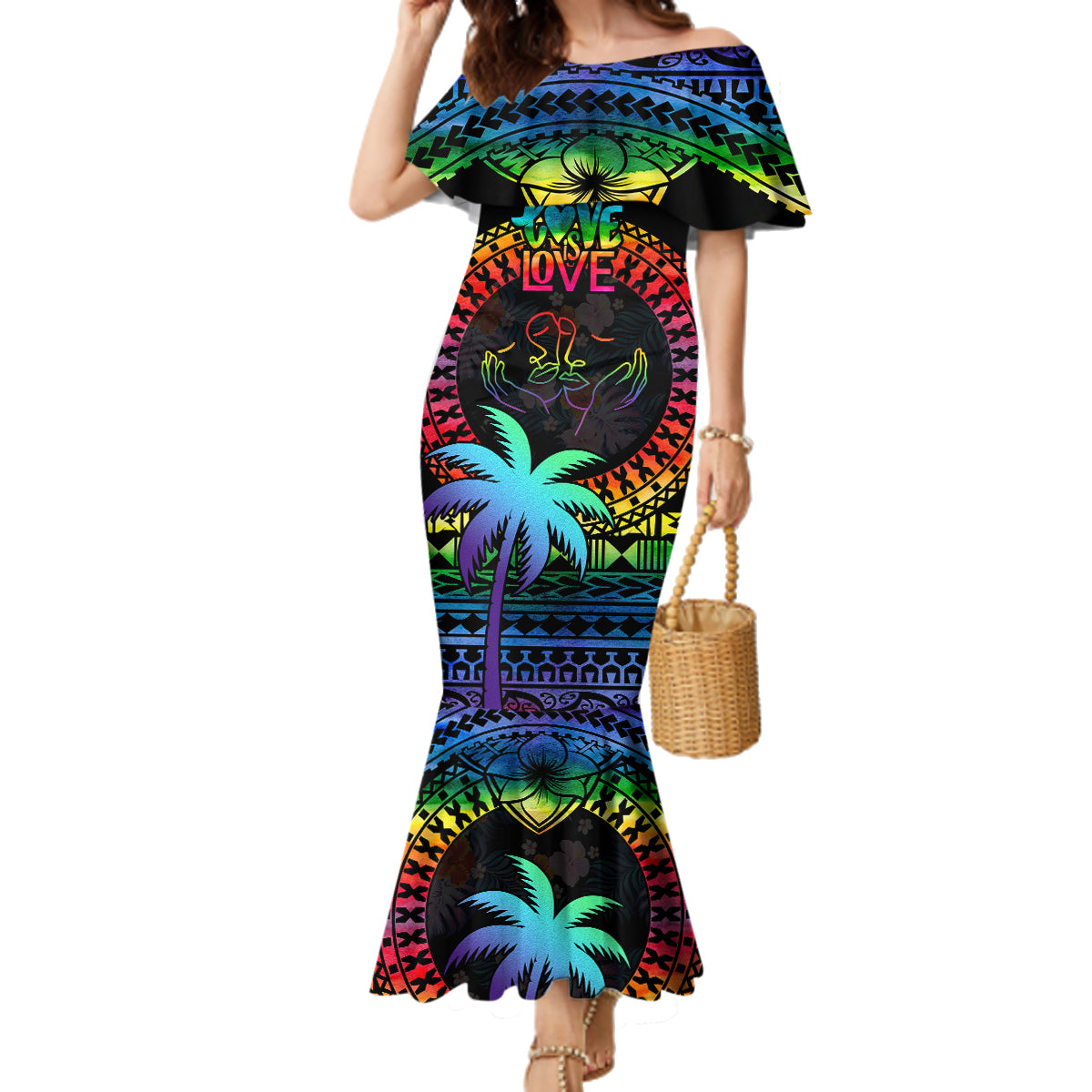 Fiji LGBT Family Matching Mermaid Dress and Hawaiian Shirt Love Is Love Tapa Pattern Rainbow Water Color LT9 Mom's Dress Black - Polynesian Pride