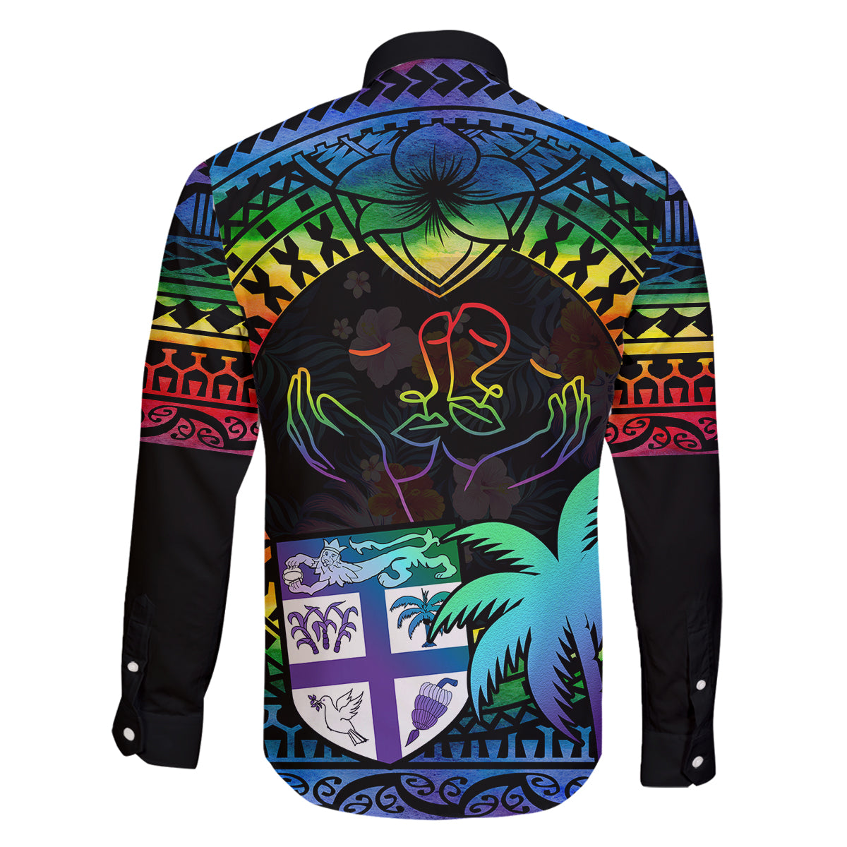 Fiji LGBT Family Matching Off Shoulder Long Sleeve Dress and Hawaiian Shirt Love Is Love Tapa Pattern Rainbow Water Color LT9 - Polynesian Pride
