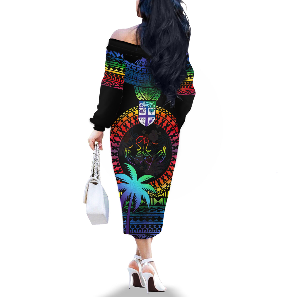 Fiji LGBT Family Matching Off Shoulder Long Sleeve Dress and Hawaiian Shirt Love Is Love Tapa Pattern Rainbow Water Color LT9 - Polynesian Pride