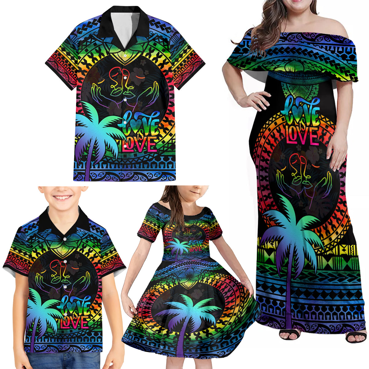 Fiji LGBT Family Matching Off Shoulder Maxi Dress and Hawaiian Shirt Love Is Love Tapa Pattern Rainbow Water Color LT9 - Polynesian Pride