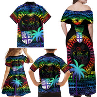 Fiji LGBT Family Matching Off Shoulder Maxi Dress and Hawaiian Shirt Love Is Love Tapa Pattern Rainbow Water Color LT9 - Polynesian Pride