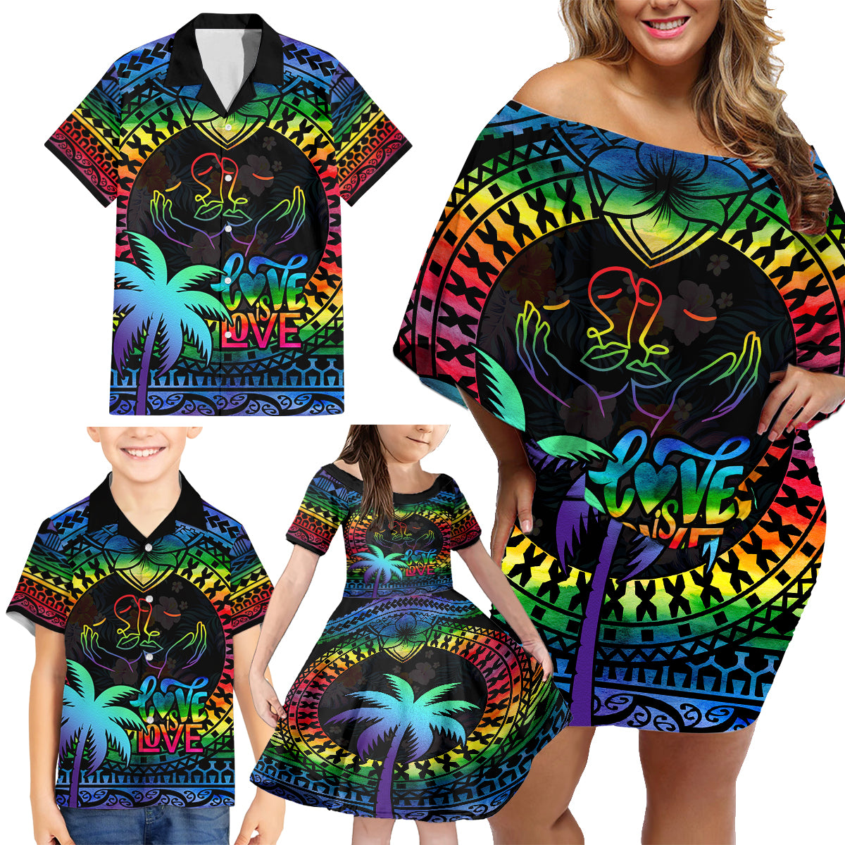 Fiji LGBT Family Matching Off Shoulder Short Dress and Hawaiian Shirt Love Is Love Tapa Pattern Rainbow Water Color LT9 - Polynesian Pride
